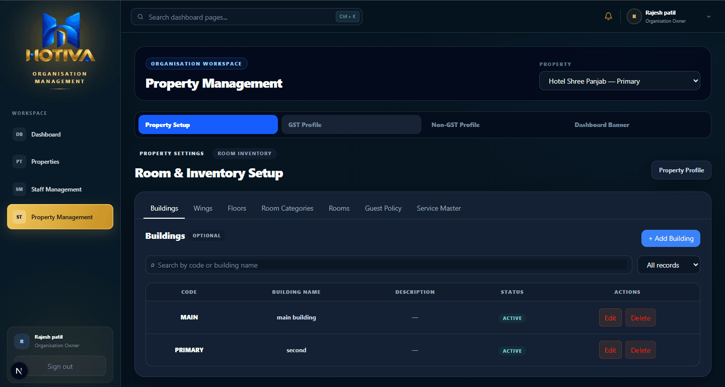 Hotiva software screen: Property Management