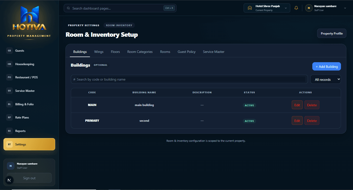 Hotiva software screen: Property Settings
